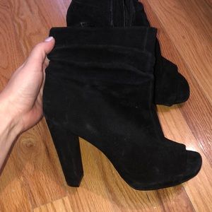 Black suede open toe booties